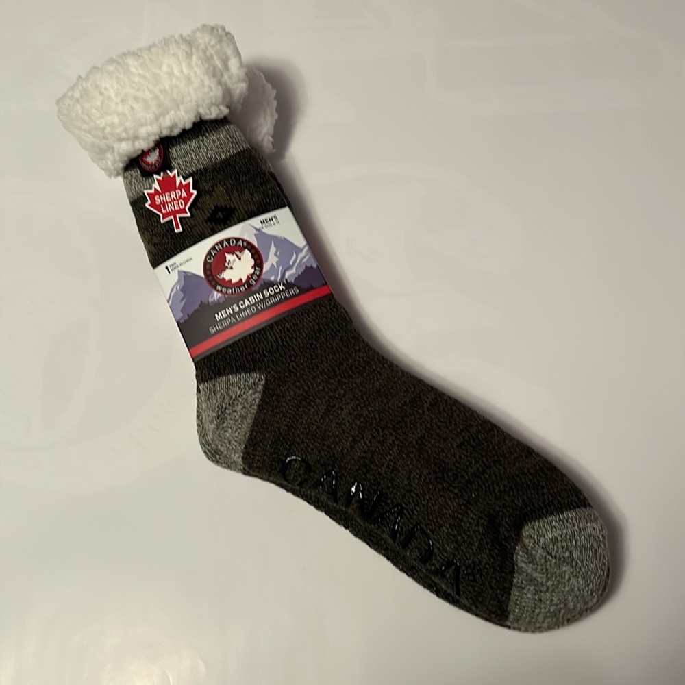 CANADA WEATHER GEAR Men’s Cabin Socks Sherpa Lined Size 6-12 Olive/gray NEW!